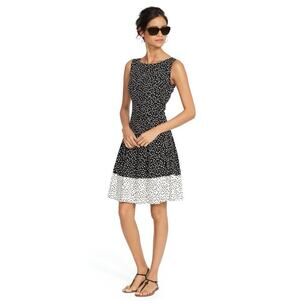 Lauren Ralph Lauren Polka Dot Fit Flare Dress Black White, Size 16